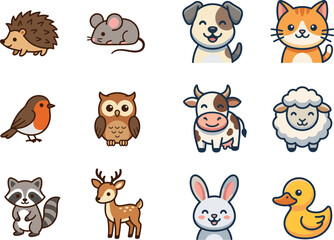 Fototapeta premium Set of cute cartoon animals and forest creatures illustrations.