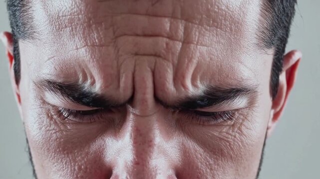 Focusing on a stressed caucasian male squeezing eyes shut tightly while deep wrinkles form on his worried face, showing strong expressions of intense headache pain or difficult emotional struggle