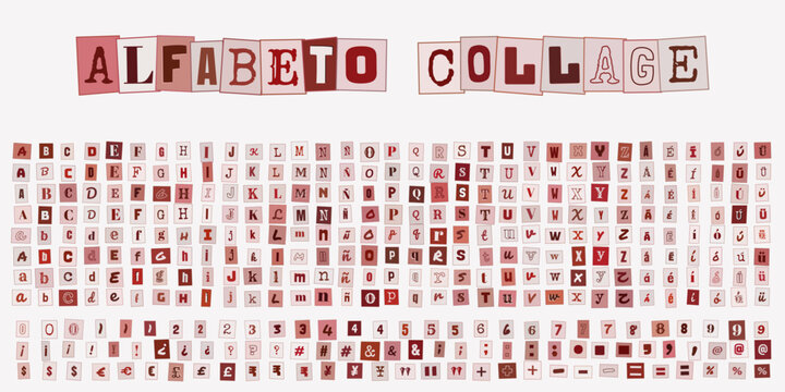 Alfabeto Collage con letras recortadas estilo revista para diseno grafico, tipografia creativa para carteles, invitaciones y proyectos digitales