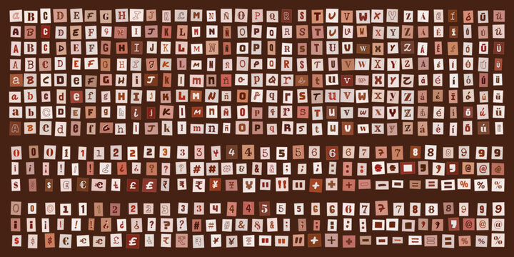 Letras y numeros estilo nota de rescate, conjunto de recortes de papel tipograficos para diseno grafico, composicion de mensajes anonimos