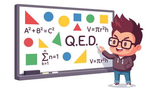 Cute cartoon boy pointing at a whiteboard with geometric shapes and mathematical formulas.