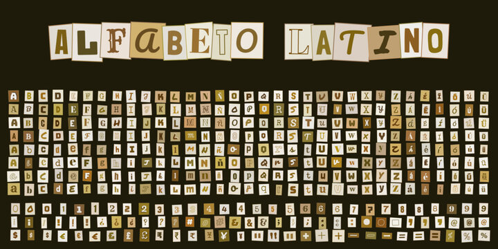 ALFABETO LATINO con letras recortadas estilo nota de rescate para diseno grafico creativo y composicion de mensajes tipograficos