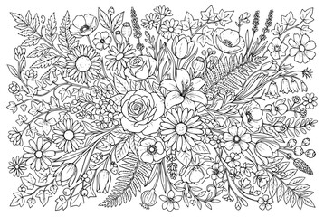Fototapeta premium Intricate floral arrangement coloring page with various flowers and leaves