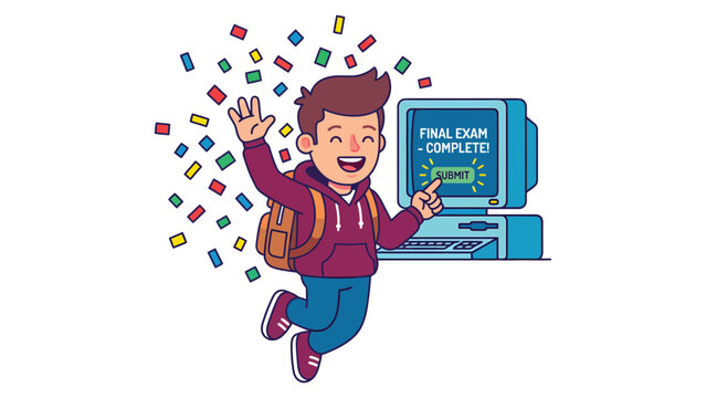 Excited student celebrating completing final exam on computer with confetti falling.