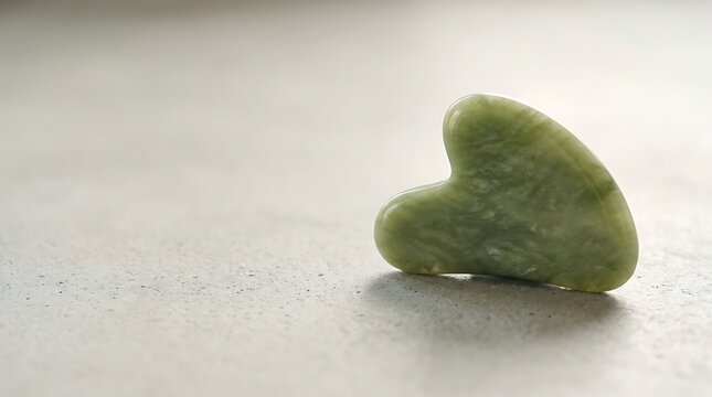 Heart shaped green jade gua sha stone on a neutral surface