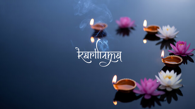 Floating candles and lotus flowers on water with the word 'Karva Chauth' in Hindi script, symbolizing a traditional festival.
