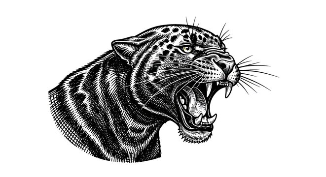 Fierce Leopard Head, Roaring, Black and White Engraving Style
