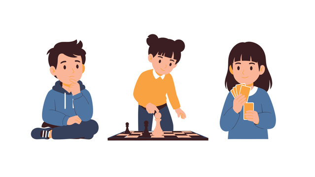 Three children engaged in different activities: one playing chess, another looking thoughtful, and a third holding cards.