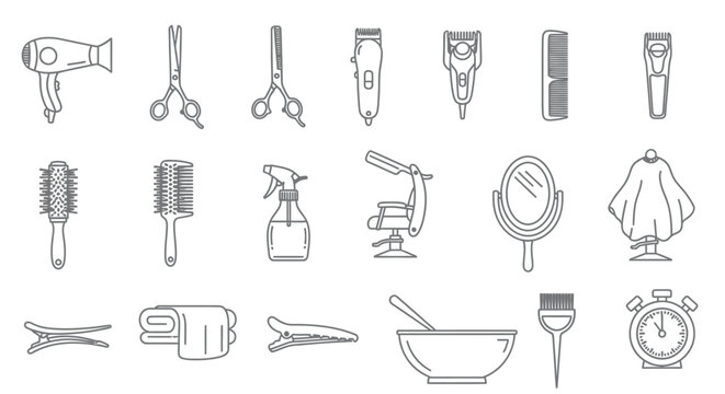 Hairdressing and Barber Shop Line Icon Set