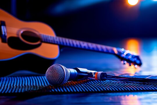 Professional Acoustic Guitar and Microphone Beside Each Other in a Dimly Lit Music Setting