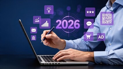Fototapeta premium Digital marketing trends 2026 concept, businessman using laptop with floating icons, SEO, social media, advertising, QR code, analytics, e-commerce, branding