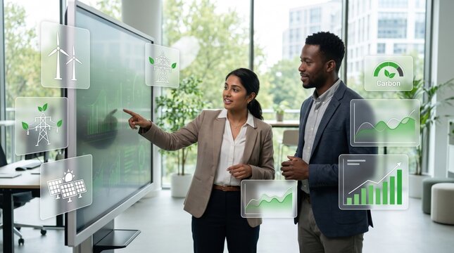 Colleagues analyzing carbon emissions and renewable energy data on large screen, ESG reporting, climate action strategy, wind and solar power charts