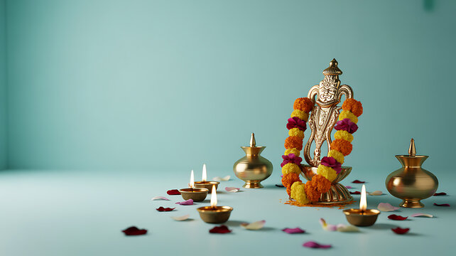 Decorative brass deity statue adorned with flower garland, surrounded by lit oil lamps and scattered petals on a teal background
