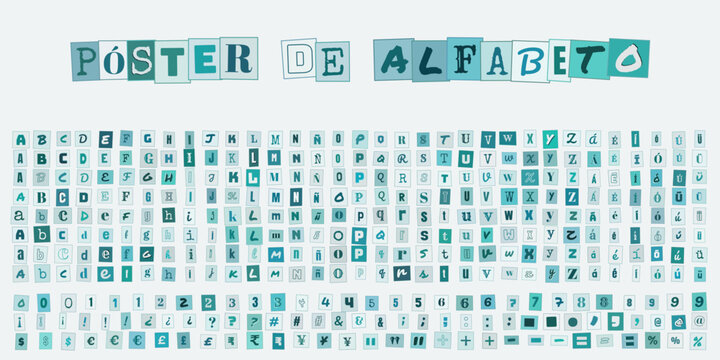 Poster de Alfabeto con letras y numeros variados, set de tipografia creativa para diseno grafico, educacion infantil y proyectos escolares