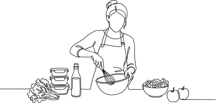 Continuous line drawing of a woman preparing healthy food in the kitchen.