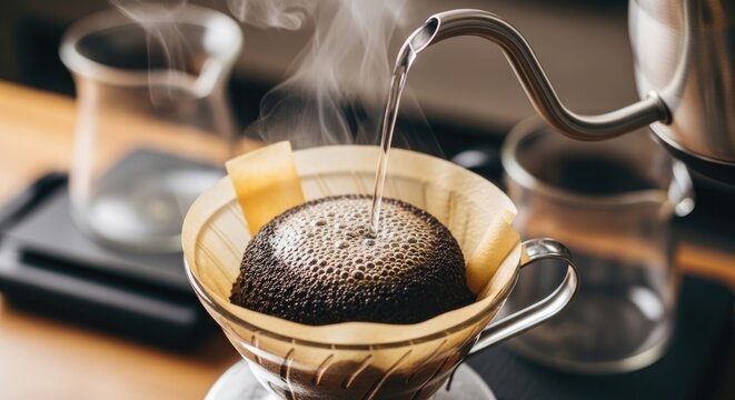Pour-over coffee brewing process with hot water and steam, close-up shot.