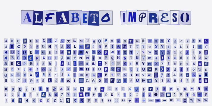 Alfabeto impreso, letras recortadas estilo revista para diseno grafico, tipografia collage con numeros y simbolos para composicion creativa