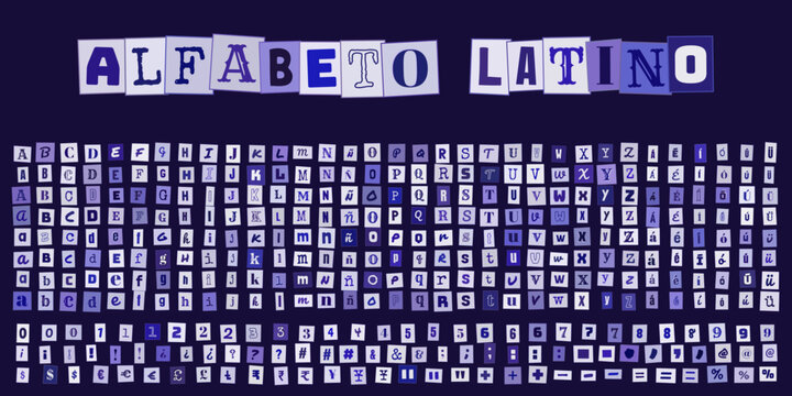ALFABETO LATINO estilo recorte de revista, letras y numeros tipografia creativa para diseno grafico, collage de papel y composicion de mensajes