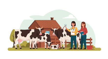 Naklejka premium Farm Women Vet Cows on Livestock Ranch with Barn and Fences