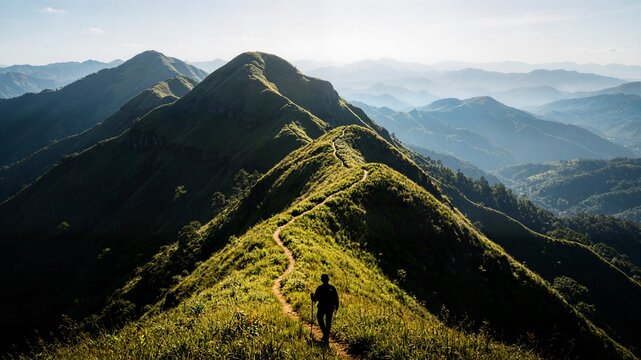 Man trekking on lush green mountain ridge at sunrise for personal growth success and sports brand advertising template