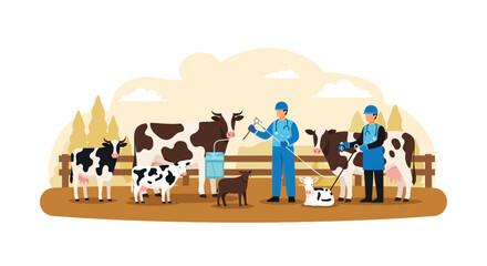 Naklejka premium Farmers Milking Cows and Caring for Livestock on a Rustic Farm