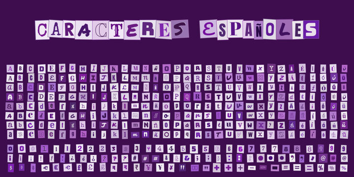 Caracteres Espa&ntilde;oles, abecedario estilo collage de recortes para dise&ntilde;o gr&aacute;fico, tipograf&iacute;a creativa con letras y s&iacute;mbolos en espa&ntilde;ol