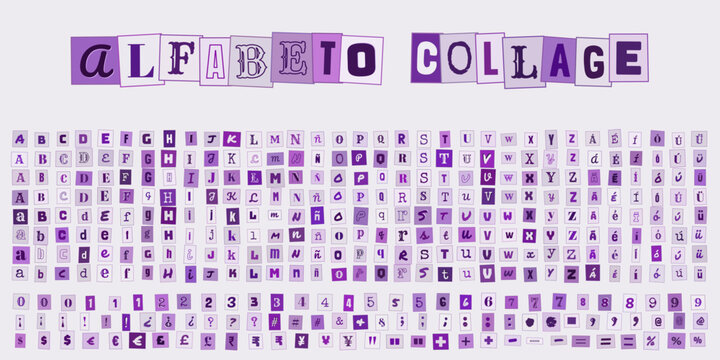 Alfabeto Collage morado, letras recortadas estilo revista para diseno grafico, tipografia creativa para proyectos escolares y manualidades