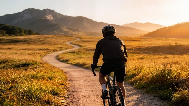 Cyclist riding bicycle along winding path in sunny meadow ideal for sports marketing active lifestyle promotion and travel banner