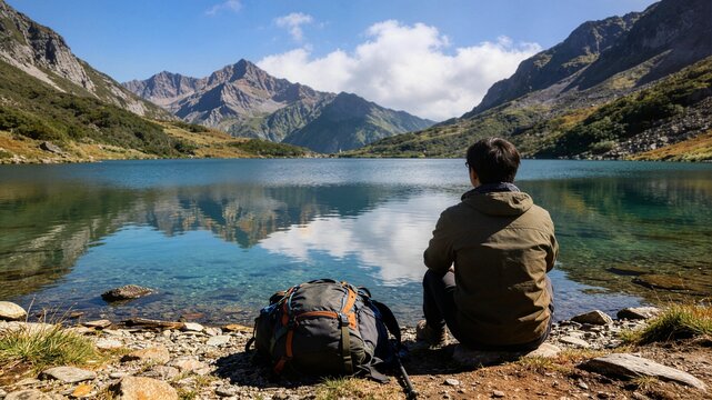 Man sitting on lakeshore admiring mountain reflection ideal for wellness blog travel destination advertisement and serene nature background