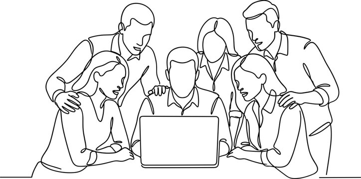 Continuous line art of a diverse business team collaborating on a laptop.