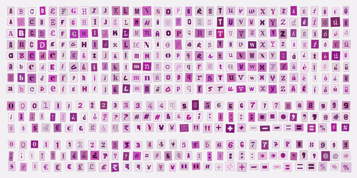 Alfabeto y numeros estilo recorte de revista en tonos morados para diseno grafico creativo y composiciones tipograficas modernas