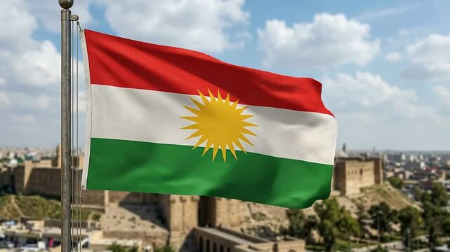 Kurdish Flag Flying Over Historic Cityscape