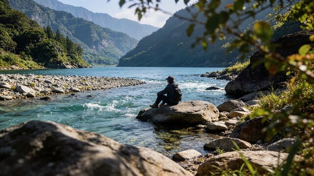 Tourist with backpack sitting on stone watching wide blue river in deep valley ideal for ecotourism website and leisure lifestyle concept