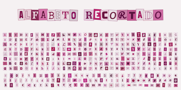 Alfabeto Recortado, letras y numeros estilo collage para diseno grafico, tipografia creativa tipo nota de rescate para proyectos digitales