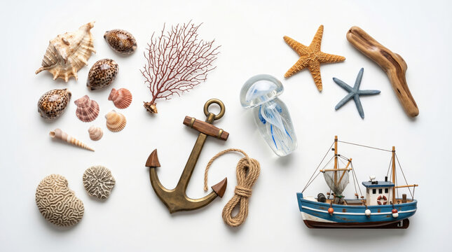 Nautical flat lay collection with anchor boat seashells and starfish on white background
