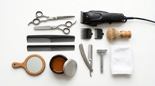 Professional Barber Grooming Tools Set with Clippers Scissors and Shaving Equipment on White Background