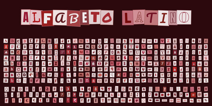 Alfabeto Latino, letras estilo nota de rescate, tipografia recortada de revistas para diseno grafico, composicion de texto anonimo y creativo