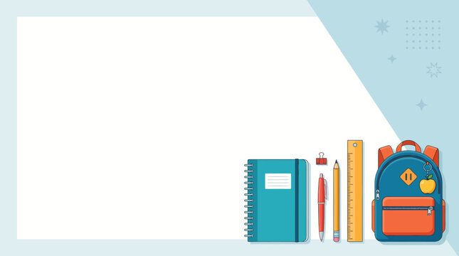 Back to school vector background template with copy space, backpack and stationery