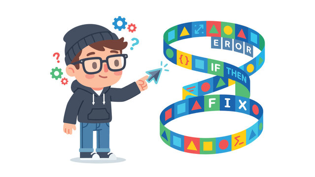 Young programmer fixing code errors with a digital interface and a winding path of symbols and words.