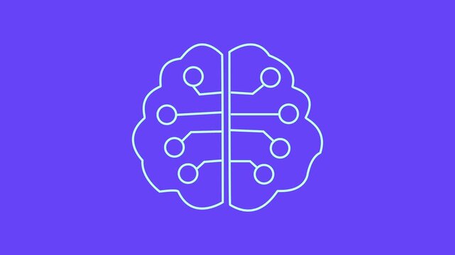 Flat design AI brain logo and cybernetic tech network concept motion graphic animation on solid purple background.