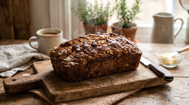 Steaming whole rustic banana bread with a rich, textured crust resting on natural cutting board with a softly blurred background