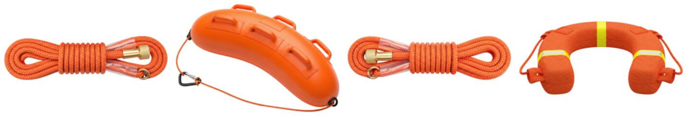 Orange rescue buoy and coiled rope with carabiner, isolated on white background © david