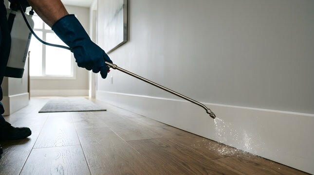 Pest control specialist spraying treatment near baseboard in residential hallway with exterminator insecticide baseboard treatment chemical spraying cleaning protection
