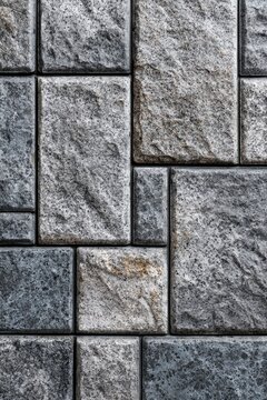 Grey stone wall with interlocking textured masonry in a sharp focus macro shot for construction and architectural design branding