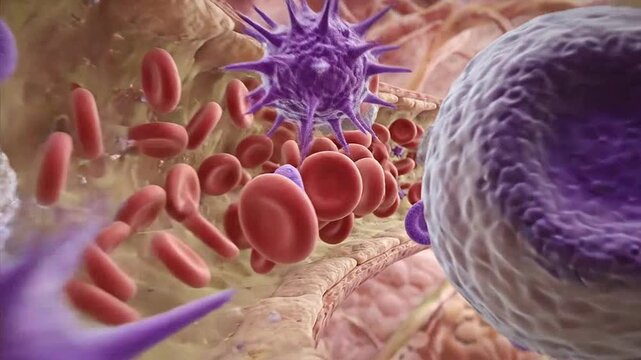 Microscopic view of immune cells attacking pathogens in bloodstream
