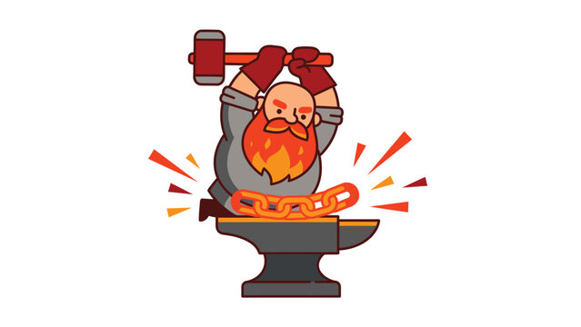 A cartoon blacksmith with a red beard and gloves, hammering a glowing orange chain on an anvil with sparks flying.