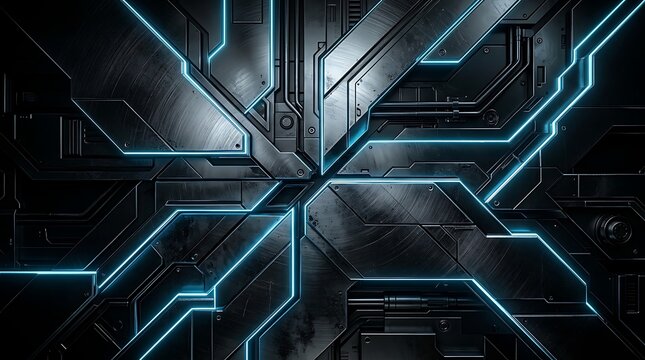 Futuristic Sci-Fi Metal Background with Blue Neon Glowing Lines