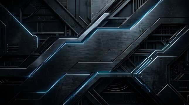 Futuristic Dark Metal Background with Blue Neon Glowing Lines