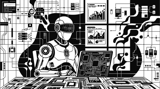 ai robot coding cyber security and data analysis in a futuristic environment with vr goggles.