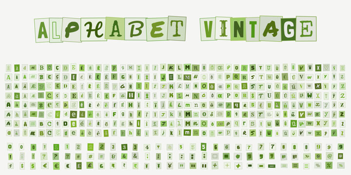 Alphabet Vintage, ensemble de lettres et chiffres style collage pour design graphique, typographie d&eacute;corative pour projets cr&eacute;atifs et scrapbooking